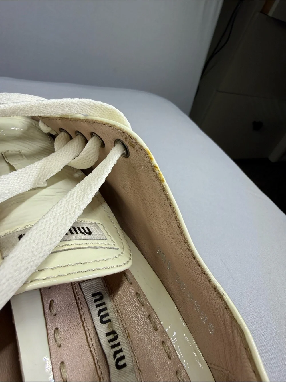Miu Miu Cream Patent Leather Sneakers with Silver Toe Caps